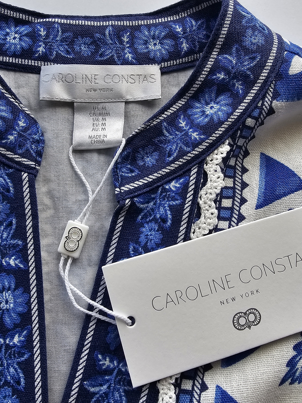 Caroline Constas Blue & White Floral Tapestry Lenzing Trim Linen Dress NWT $360 - Picture 7 of 8